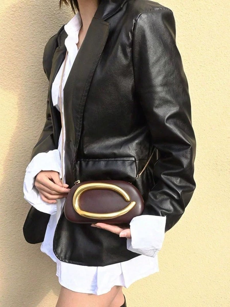 Tasysain Women PU Leather Metal Handle Handbag Trendy Commuting Compact Stone Purse Hand-held Causal Shoulder Clutch Bag - Image 2